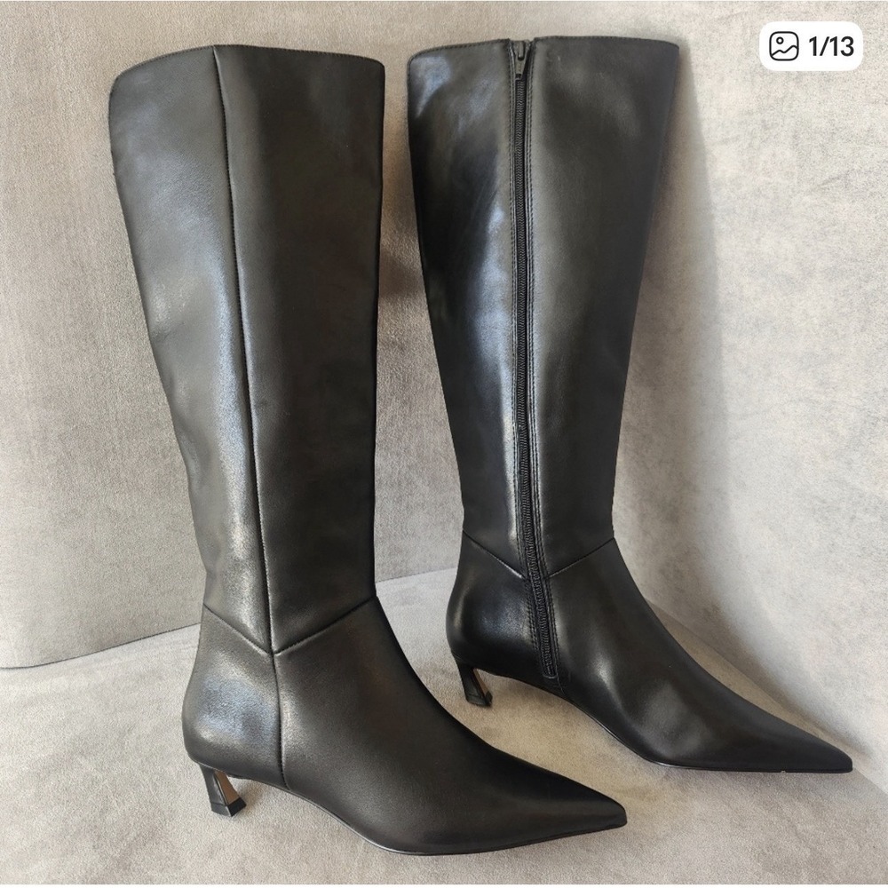NWOB Gianni Bini knee high boots Size 6 black leather tall pointy kitten heel